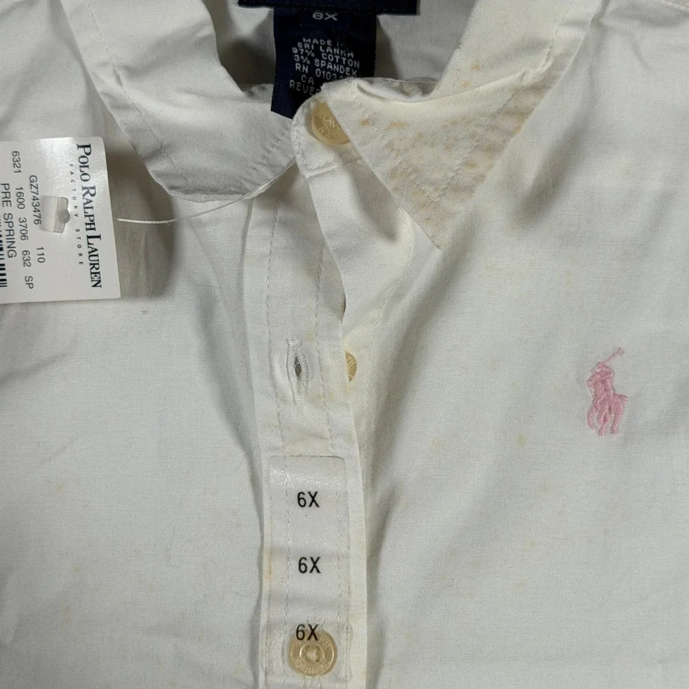 Ralph Lauren Girls White Sleeveless Button Down Shirt Pink Pony Logo Size 6X
